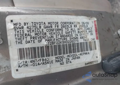 1999 Toyota Camry Le V6 z USA, uszkodzony, nr VIN JT2BF22K9X0226073